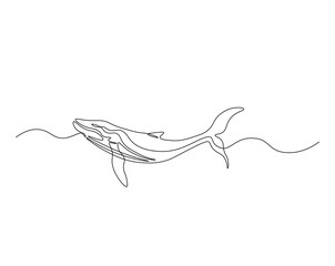 Humpback in the ocean outline drawing illustration. one continuous line drawing of humpback whale.