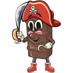 chocolate wafer cartoon mascot wearing a pirate hat while holding a machete and using hooks, high-resolution isolated vector snack character illustration, work of hand drawn