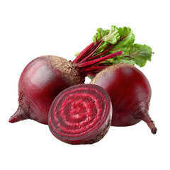 Two whole beets and one halved beet, showcasing their vibrant red color and fresh appearance.