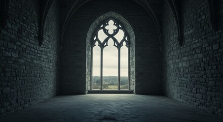Obraz premium Empty room, Arched Window Inside A Medieval European Castle