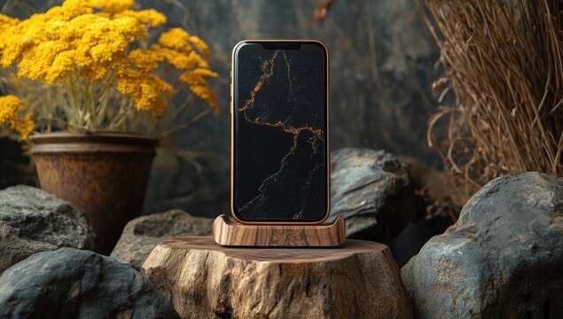 Smartphone on wooden stand amidst rocks and flowers