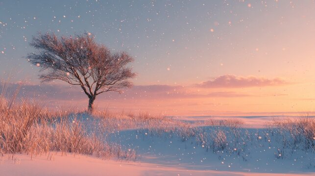Winter sunrise landscape with snow-covered field and lone tree