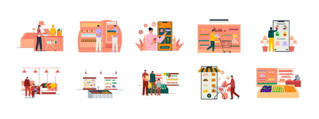 Fototapeta premium Supermarket illustrations set. Activity in supermarket concept. Flat vector illustrations.