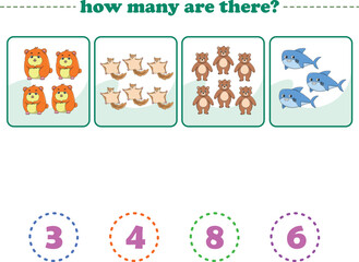 Counting game of wild animals for preschool kids. Printable. Vector Illustration