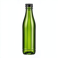 Translucent Green Glass Bottle with Black Cap on White Background