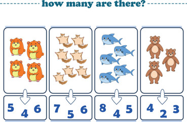 Counting game of wild animals for preschool kids. Printable. Vector Illustration
