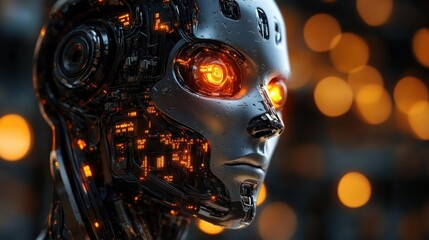 Close-up of a futuristic humanoid robot head with glowing orange eyes and intricate illuminated circuitry against a blurred bokeh background, evoking a high-tech and mysterious atmosphere