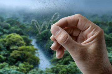 Hand Drawing Heart on Wet Glass Window with Green Forest Landscape