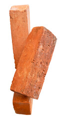 Side view of three cracked old red or orange bricks in stack isolated with clipping path in png file format