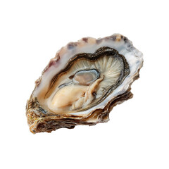Naklejka premium Fresh oyster in shell, ready to eat. The oyster is glistening, showing its pearly interior.