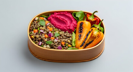 Colorful Vegan Bento Box with Lentils, Beet Hummus and Grilled Peppers