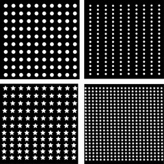 Four black and white geometric pattern squares with dots, stars and shapes arranged in grid layout for design backgrounds and textures