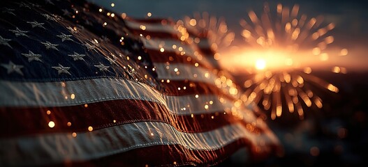 USA flag with firework at sunset background. High quality