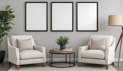 Empty frames on a wall, facing two cream armchairs