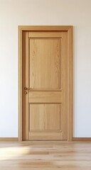 Light wooden door on a white wall, with light reflecting on a light-colored floor