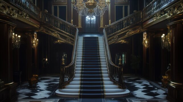 Opulent Grand Staircase with Gilded Details in a Luxurious Interior Setting