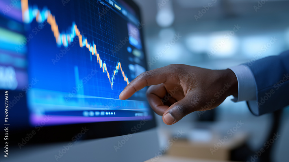 Poster businessman's hand on keyboard in front of a computer screen showing declining stock market graph.