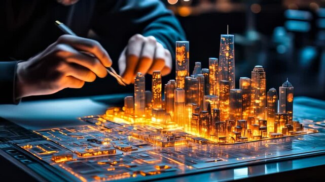 An architect brings architectural designs to life with 3D holographic construction models. The concept of innovation in architecture and futuristic design. Generative Ai.