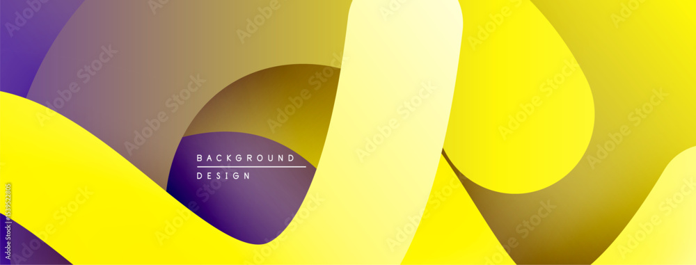 Poster abstract design features overlapping shapes, vibrant yellow, purple hues. modern aesthetic, smooth g