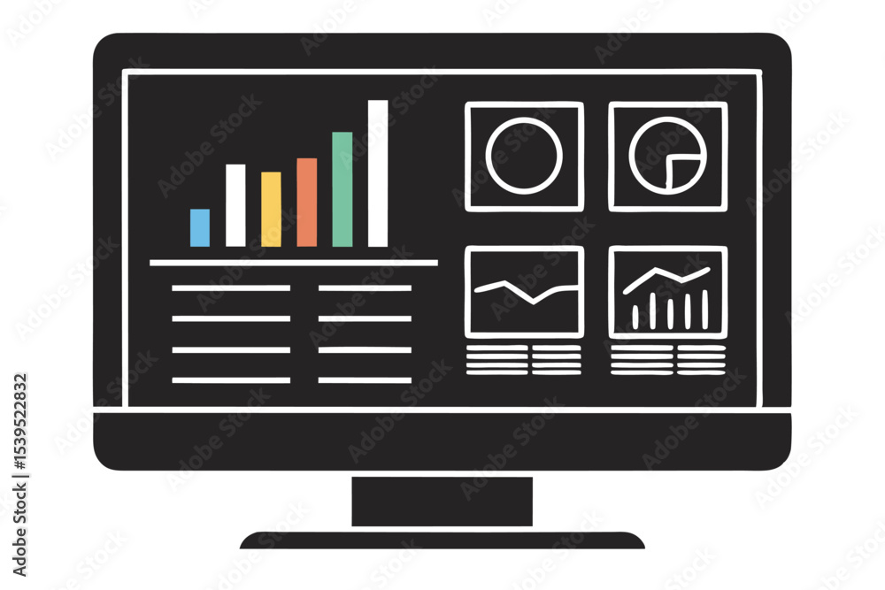 Poster black computer monitor displaying digital marketing statistics and charts