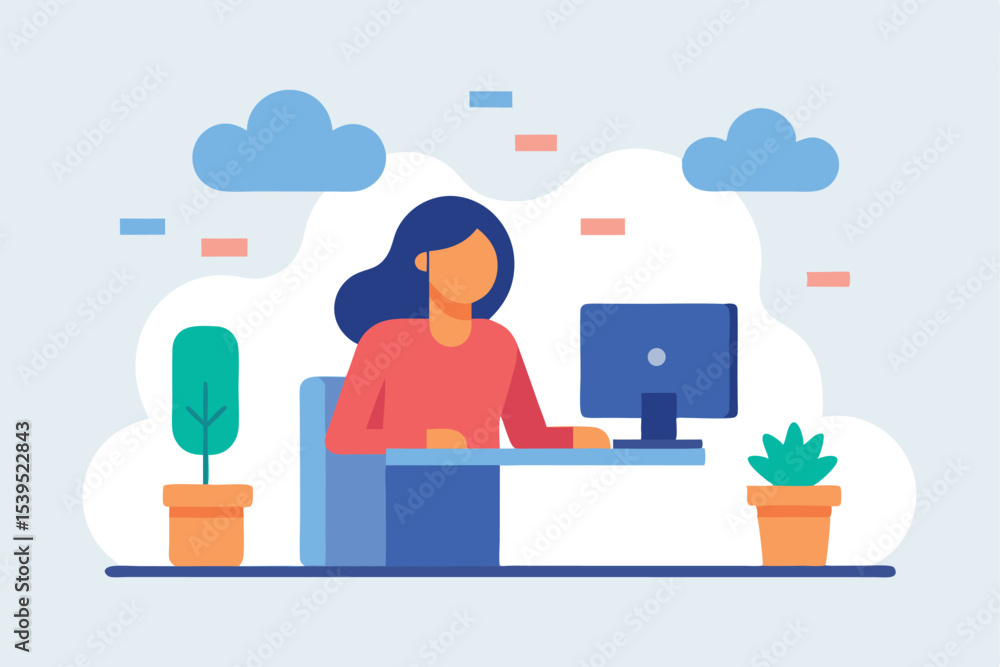 Poster flat design illustration of a woman working on computer at a desk with transparency