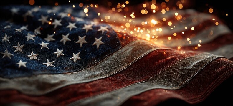 USA flag with firework at sunset background. High quality - Powered by Adobe