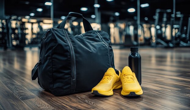 Gym bag, yellow shoes, and water bottle on gym floor (1)