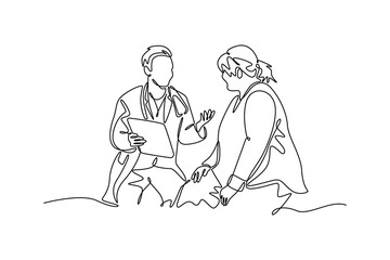 Doctor and patient concept. Single line draw design. Vector graphic illustration