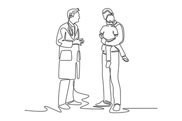 Doctor and patient concept. Single line draw design. Vector graphic illustration