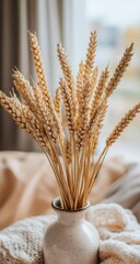 Dried wheat stalks in a vase, soft beige tones