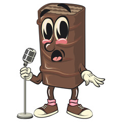 chocolate wafer cartoon mascot on front of the mic become a stand up comedian, high-resolution isolated vector snack character illustration, perfect for dessert branding, work of hand drawn