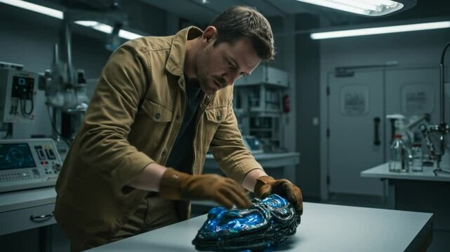 Scientist examines glowing alien artifact