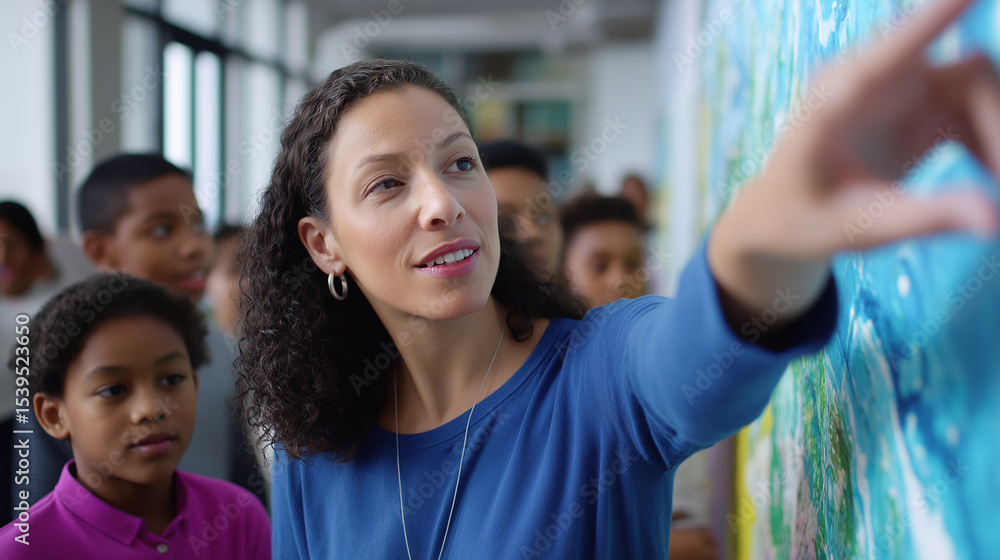 Poster teacher pointing at a map while explaining geography to a group of attentive schoolchildren.
