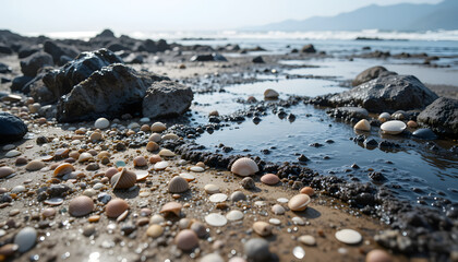 Obraz premium Oil spill impact on coastal ecosystem beachfront nature photography rocky shore aerial view environmental awareness