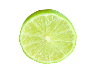 Front view of fresh green lemon fruit in half in circle shape without green leaf isolated with...