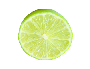 Front view of fresh green lemon fruit in half in circle shape without green leaf isolated with clipping path in png file format