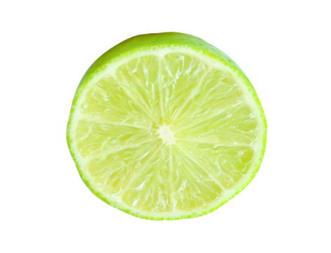 Front view of fresh green lemon fruit in half in circle shape without green leaf isolated with clipping path in png file format