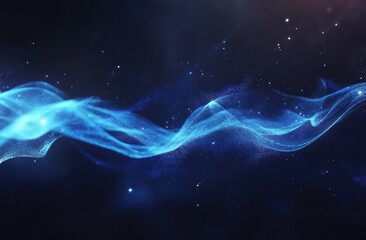 Abstract, glowing, blue, wavy, particle design on dark background