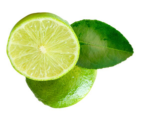 Front view of fresh green lemon fruit with half in circle shape and  green leaf in small pile...