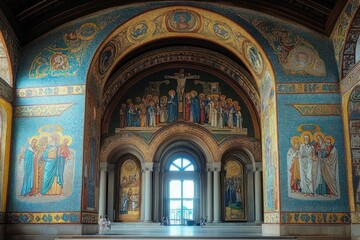 Obraz premium Interior view of a large religious building with detailed mosaic artwork depicting biblical scenes and figures surrounding arched doorways with natural light coming through