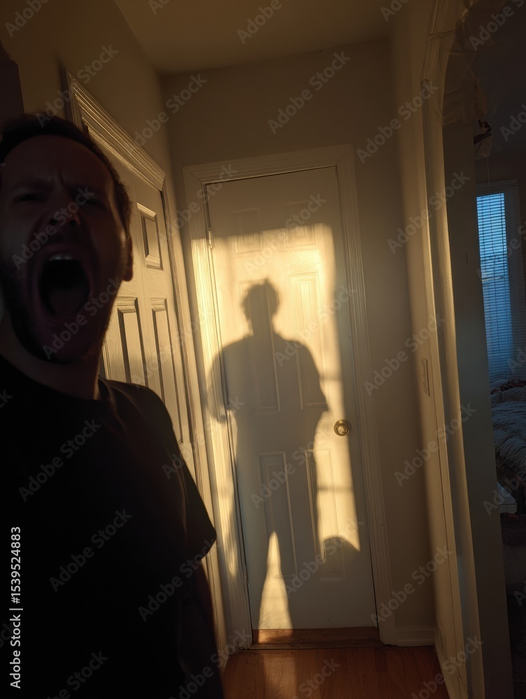 Poster Self Reflection in a Moment of Contrast With Calm Presence and Yelling Shadow Captured in an Intimate Hallway Setting During Sunset