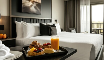 Luxurious hotel room with breakfast tray on bed