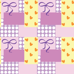 seamless colorful pattern with polka dots and ribbon with yellow purple pink background