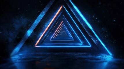 Futuristic glowing triangular tunnel with vibrant blue and orange neon lights creating a mysterious and immersive atmosphere