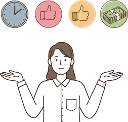 Woman balancing time, quality, money, decision making illustration, business choice concept, cost-benefit analysis, financial planning vector, work life balance, thoughtful female character