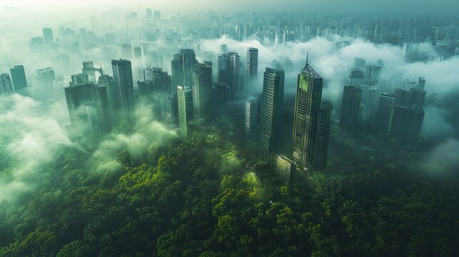 Misty city skyline with lush green forest below.