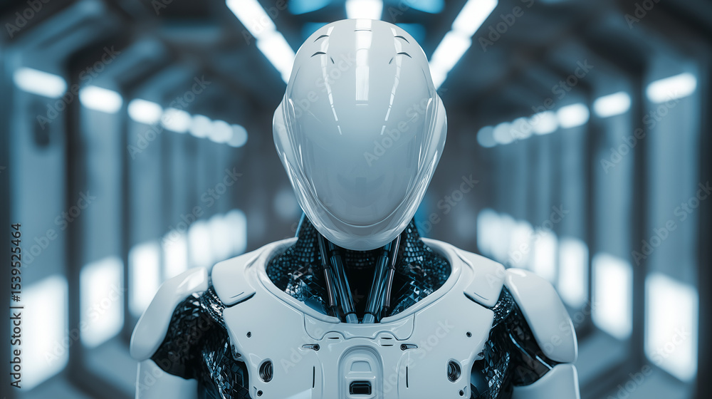 Aufkleber minimalist humanoid robot with smooth faceless design in a futuristic sci-fi corridor.