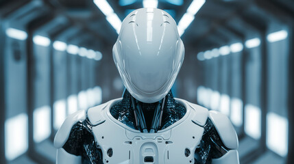 Minimalist humanoid robot with smooth faceless design in a futuristic sci-fi corridor.