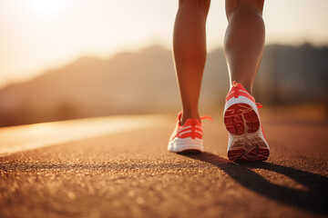 Fototapeta premium Close up view of runner sport shoes sprint running on track. A healthy life style showing running and walking theme