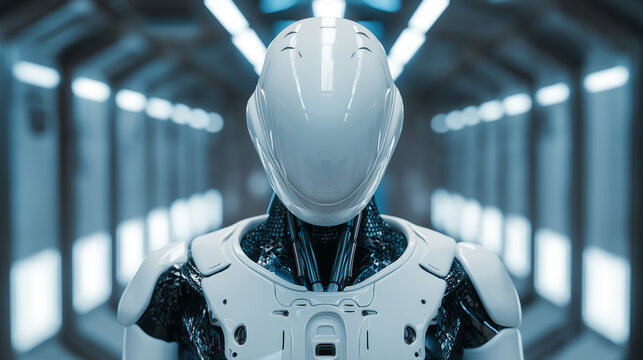 Minimalist humanoid robot with smooth faceless design in a futuristic sci-fi corridor.
